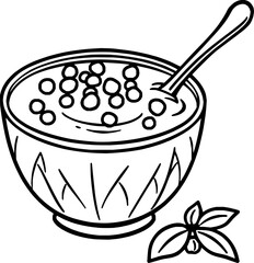 Bowl of Creamy Dessert with Small Spheres and Herbs