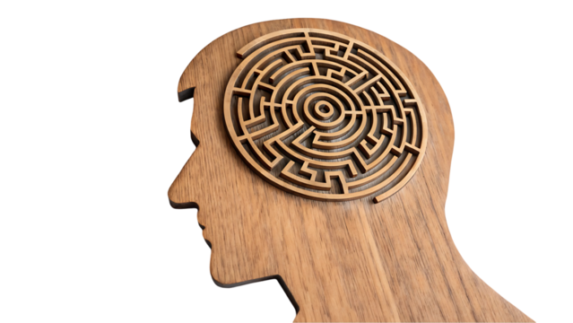 a wooden silhouette of a human head with an intricate circular maze inside representing deep thinking memory and the complexity of the mind isolated on a transparent background 35904690 1