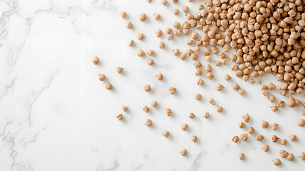 Whole buckwheat grains in light brown, scattered on a white surface, emphasizing their natural shape and texture.