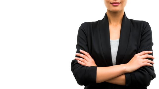 Confident woman standing with arms crossed in a professional outfit