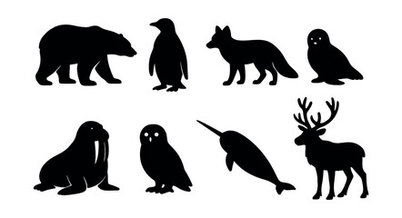 Arctic animals silhouette icons set – simple, wildlife and nature symbols collection