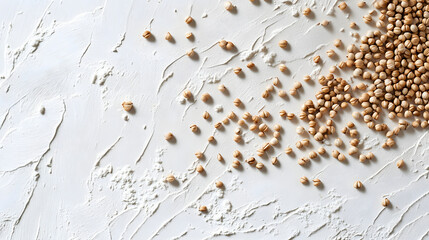 Whole buckwheat grains in light brown, scattered on a white surface, emphasizing their natural shape and texture.