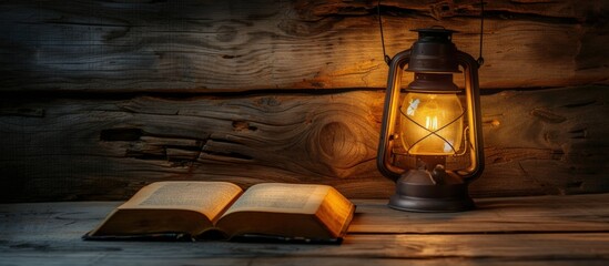 Traditional old lantern with quran book on wood table on rustic background. Generated AI image