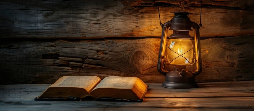 Traditional old lantern with quran book on wood table on rustic background. Generated AI image