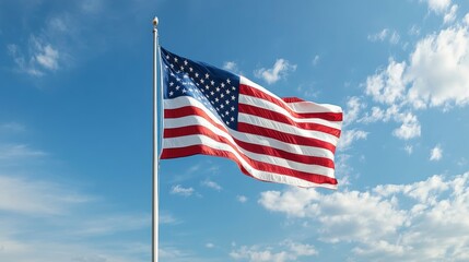 Naklejka premium The United States flag mounted on a flagpole, waving gracefully against a bright blue sky,