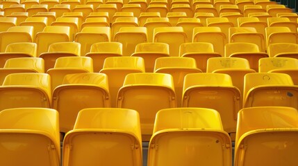 Obraz premium Empty rows arranged yellow seats of outdoor tribune sport building stadium.