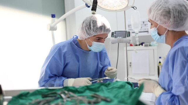 Senior woman experienced doctor of veterinary medicine is focused and attentively performs surgery on animal with male assistant. Man feed instruments, dressing material, monitors treatment process