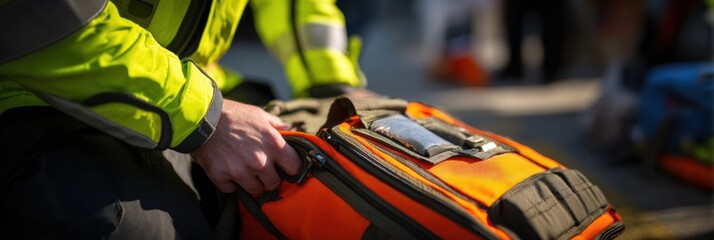 Paramedic Prepares for Emergency Response by Opening a Medical Bag in a Side Light Zone During a Critical Situation