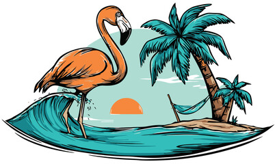 Vibrant Flamingo Surrounded by Tropical Island Scene at Sunset