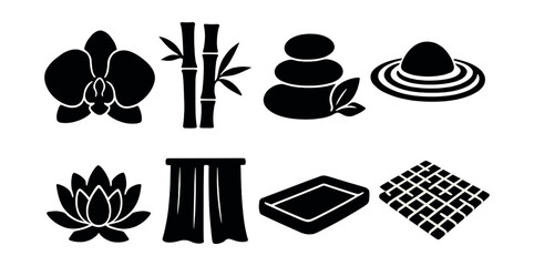 Zen spa silhouette icons set – calming, relaxation and wellness symbols