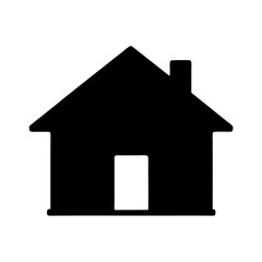 Simple black silhouette of a house with chimney and white door
