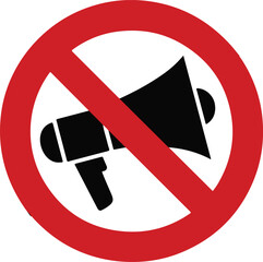 No Megaphone Sign black silhouette with flared horn and red slash, reflecting silence and noise restriction through