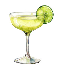 PNG Gimlet cocktail with crushed ice and lime wheel in a cocktail glass. Watercolor illustration with white border isolated on transparent background. Summer drink and citrus refreshment
