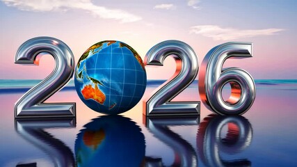 the year "2026" stands tall with a beautifully reflective globe on the wave. The image captures a moment of hope and anticipation for a brighter future ahead