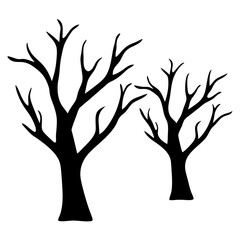 Two black trees with bare branches isolated on a white background