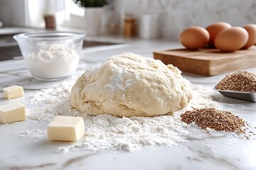 Fototapeta premium Freshly made dough on a kitchen countertop alongside baking ingredients and supplies