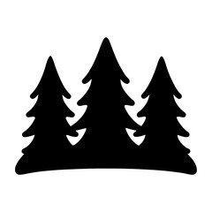 Simple black silhouette of three evergreen fir trees on a white background