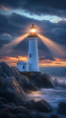 Coastal lighthouse guiding light across the ocean at sunset
