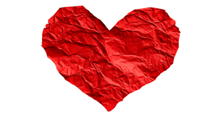 Crumpled red heart shape on a transparent background for designs