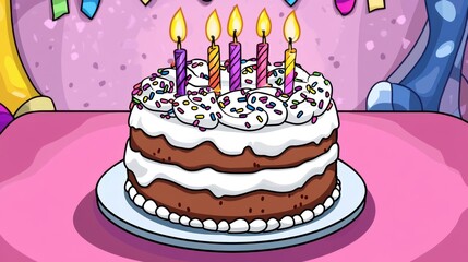 Birthday Cake with Candles Illustration Cartoon Style Celebration Party Sweet Treat Dessert Joyful Occasion Pink Background Festive Decorations