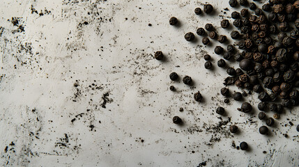 Whole cubeb peppercorns arranged in a symmetrical pattern, dark gray and contrasting against the smooth white background, highlighting their natural form.