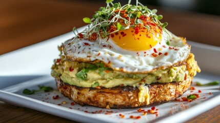 An artistic shot of avocado toast with a perfectly fried egg on top, garnished with chili flakes and microgreens, highlighting a trendy brunch option.