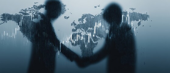 Executive shaking hands with global stock graph overlay