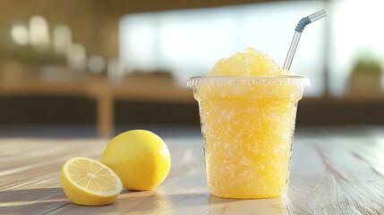 A frozen lemonade slushie in a clear plastic cup with a straw
