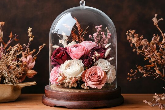 Preserved roses and dried flowers arranged in a glass dome on a wooden base - Powered by Adobe