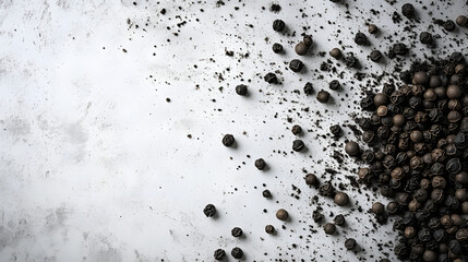 Scattered dark gray whole cubeb peppercorns across a white surface, emphasizing their irregular shapes and bold texture.