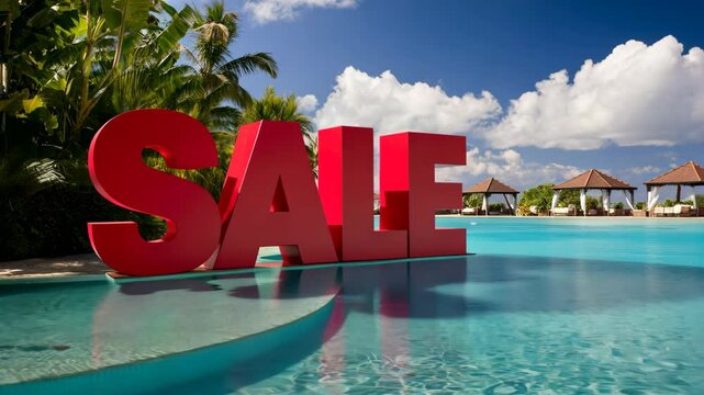  The bold red "SALE" sign shines next to a refreshing pool, inviting everyone to discover amazing discounts and deals in summer sale.