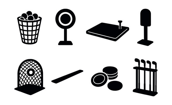 Driving range icons set – silhouette, golfing and practice symbols for training