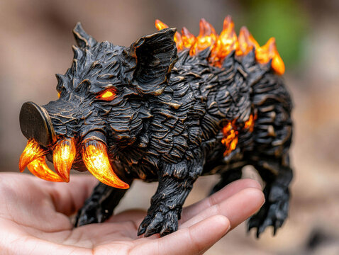 Fiery boar fantasy sculpture with glowing orange tusks and spikes, held gently in hand, detailed texture, mythical creature art