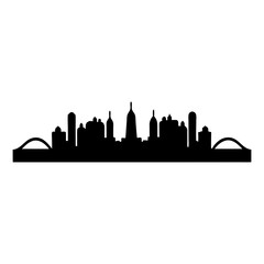 Black and white silhouette of a city skyline with bridges on either side