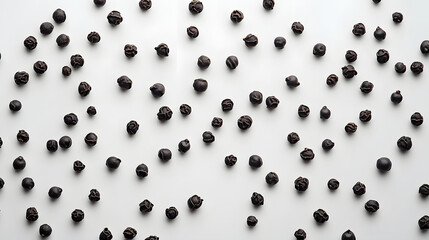 Whole cubeb peppercorns, dark gray, arranged in a tight cluster on a bright white surface, emphasizing their rough texture and bold appearance.