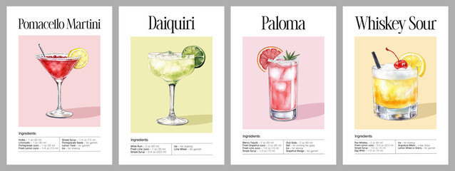Set of four watercolor cocktail recipe illustrations: Pomacello Martini with lemon slice, Daiquiri with lime garnish, Paloma with grapefruit wedge and rosemary, Whiskey Sour with cherry