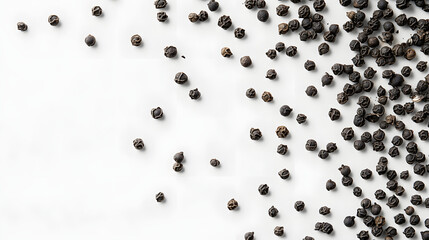 Whole cubeb peppercorns scattered haphazardly on a white surface, their irregular forms and bold textures creating an interesting visual effect.