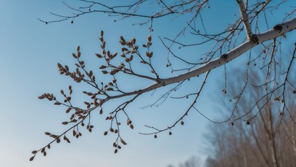 Obraz premium Detailed view of dry seeds on a birch tree branch amidst blooming surroundings