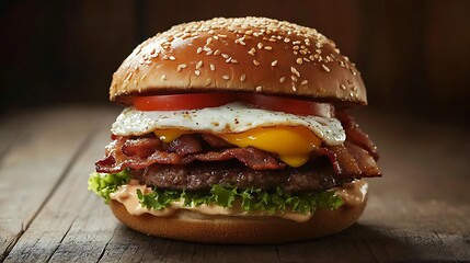 A giant burger with fried egg and crispy bacon