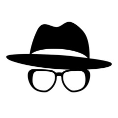 Black silhouette of a fedora hat with glasses on a white background