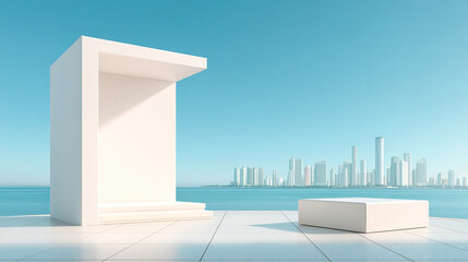 Minimalist white stage and platform by sea with clear blue sky and distant city skyline, evoking calm and openness