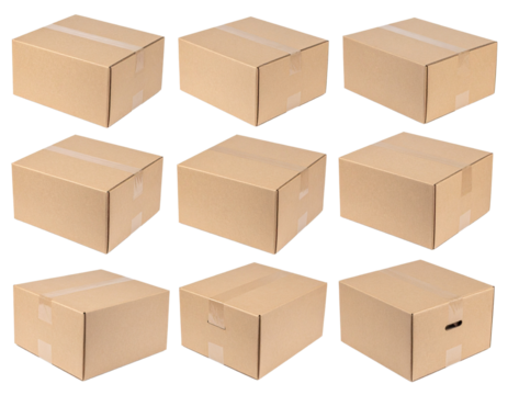 Nine cardboard boxes arranged in a grid, each sealed and shown from different angles.