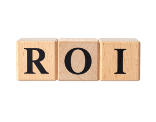 Wooden blocks displaying the letters ROI in bold black font.