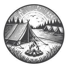 Vintage Hand-Drawn Camp Tent Near Lake with Campfire Illustration – Rustic Landscape Engraved Style Vector for T-Shirts, Posters, Stickers, and Outdoor Themes Apparel