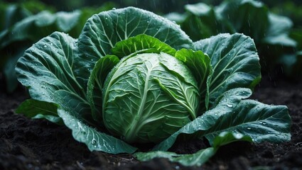 Vegetable cabbage growing in soil bed following rain in Estonia