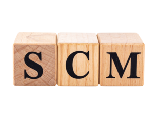 Wooden blocks displaying the letters S, C, and M in bold black font.