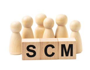 Wooden figurines stand behind three wooden blocks displaying the letters S, C, and M.