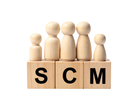 Wooden peg figures standing on lettered blocks spelling "SCM".