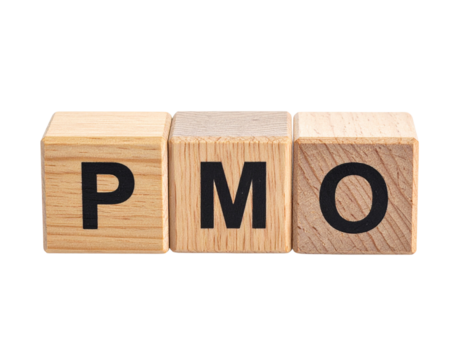 Wooden blocks displaying the letters PMO in bold black font.