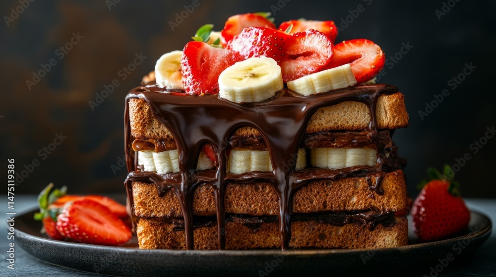 Poster an artistic shot of honey toast with a thick layer of nutella, topped with sliced strawberries and b